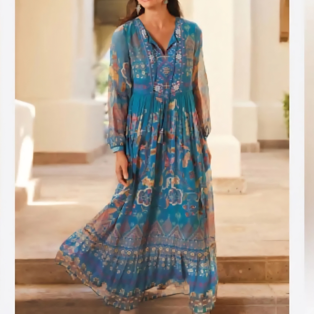 Soft Surroundings Blue Ruffled Tiered Sundress with Bishop Sleeves